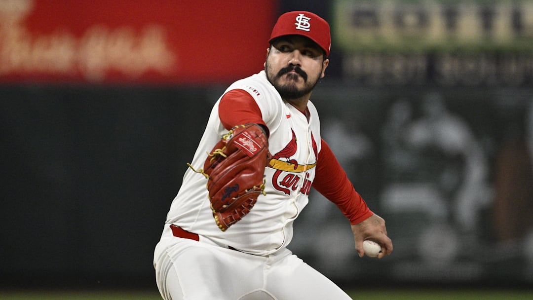 Sep 16, 2025; St. Louis, Missouri, USA; St. Louis Cardinals relief pitcher JoJo Romero (59) pitches against the Cincinnati Reds in the eighth inning at Busch Stadium. Mandatory Credit: Joe Puetz-Imagn Images
