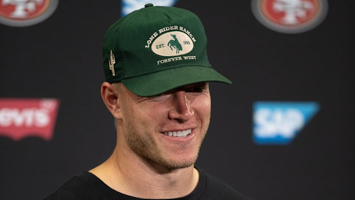 Jul 25, 2024; Santa Clara, CA, USA; San Francisco 49ers running back Christian McCaffrey answers questions at a press conference following Day 3 of training camp at SAP Performance Facility. Mandatory Credit: D. Ross Cameron-Imagn Images