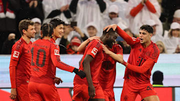 Bayern Munich players celebrating Dayot Upamecano's goal against FC Heidenheim on Saturday.