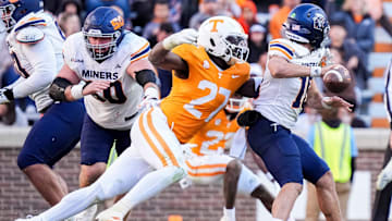 Tennessee defensive lineman James Pearce Jr. sacks UTEP quarterback JP Pickles during a college football game between Tennessee and UTEP at Neyland Stadium in Knoxville, Tenn., on Saturday, Nov. 23, 2024.