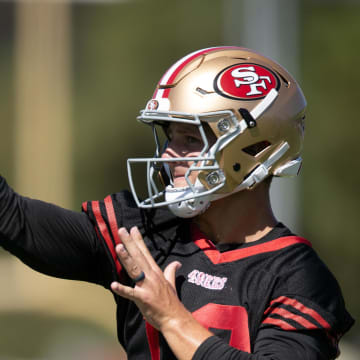 Jul 26, 2024; Santa Clara, CA, USA; San Francisco 49ers quarterback Brock Purdy (13) works on a passing drill during Day 4 of training camp at SAP Performance Facility. Mandatory Credit: D. Ross Cameron-USA TODAY Sports