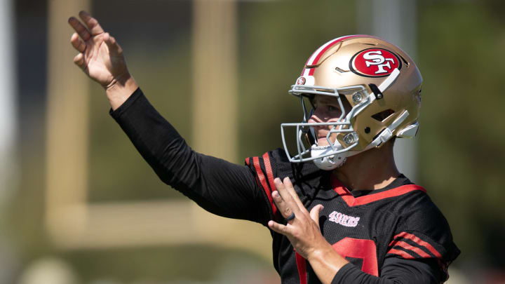 Jul 26, 2024; Santa Clara, CA, USA; San Francisco 49ers quarterback Brock Purdy (13) works on a passing drill during Day 4 of training camp at SAP Performance Facility. Mandatory Credit: D. Ross Cameron-USA TODAY Sports