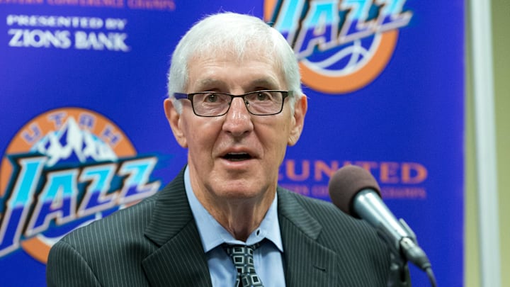 Mar 22, 2017; Salt Lake City, UT, USA; Former Utah Jazz head coach Jerry Sloan talks with the media as part of a celebration of the 20th anniversary of the franchise  s first Western Conference Championship prior to the game against the New York Knicks at Vivint Smart Home Arena. Mandatory Credit: Russ Isabella-Imagn Images