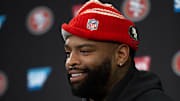 Jun 10, 2025; Santa Clara, CA, USA; San Francisco 49ers offensive tackle Trent Williams speaks to the media following an OTA at Levi's Stadium. Mandatory Credit: D. Ross Cameron-Imagn Images