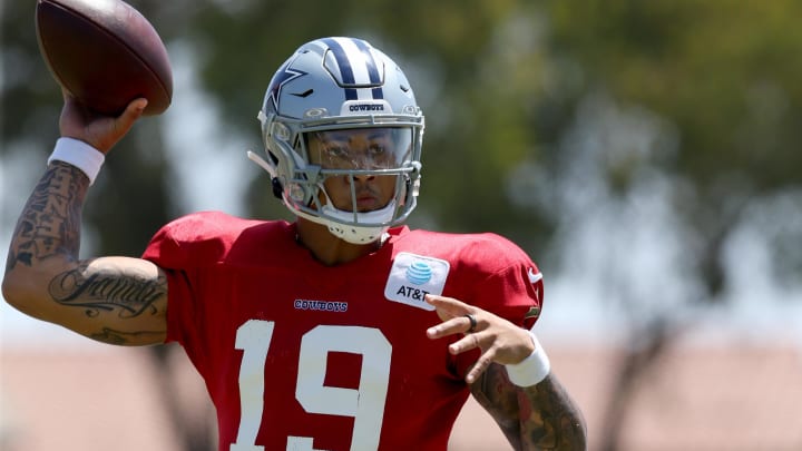 Jul 30, 2024; Oxnard, CA, USA; Dallas Cowboys quarterback Trey Lance (19) throws during training camp at the River Ridge Playing Fields in Oxnard, California.