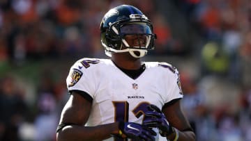 Oct 26, 2014; Cincinnati, OH, USA; Baltimore Ravens wide receiver Jacoby Jones (12) against the Cincinnati Bengals at Paul Brown Stadium. The Bengals won 27-24. Mandatory Credit: Aaron Doster-USA TODAY Sports