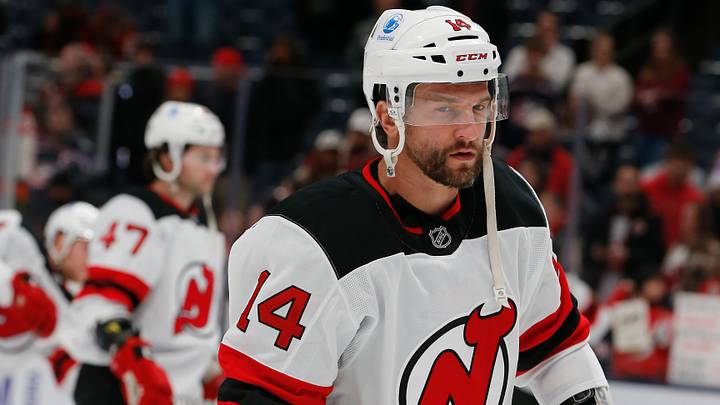 New Jersey Devils center Luke Glendening (14) during pregame warmup against the Columbus Blue Jackets at Nationwide Arena. Mandatory Credit: Russell LaBounty-Imagn Images