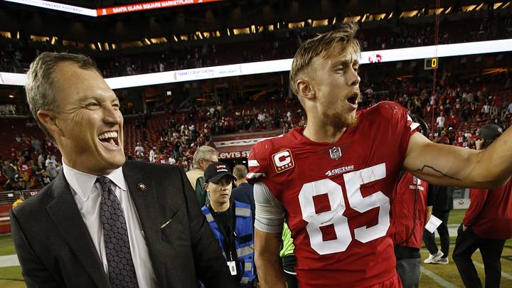 San Francisco 49ers general manager John Lynch (L) and tight end George Kittle (R)