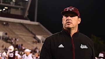 Aug 31, 2024; Starkville, Mississippi, USA;  Mississippi State Bulldogs head coach Jeff Lebby walks off the field after defeating the Eastern Kentucky Colonels at Davis Wade Stadium at Scott Field. Mandatory Credit: Matt Bush-Imagn Images