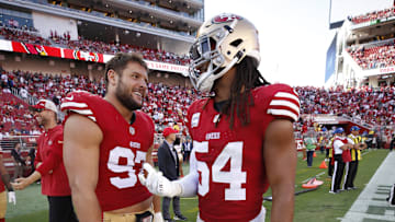 San Francisco 49ers defensive end Nick Bosa (L) and linebacker Fred Warner (R)