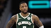 Mar 18, 2025; San Francisco, California, USA; Milwaukee Bucks guard Damian Lillard (0) walks back up court during the fourth quarter against the Golden State Warriors at Chase Center. Mandatory Credit: D. Ross Cameron-Imagn Images