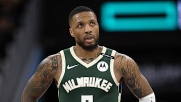 Mar 18, 2025; San Francisco, California, USA; Milwaukee Bucks guard Damian Lillard (0) walks back up court during the fourth quarter against the Golden State Warriors at Chase Center. Mandatory Credit: D. Ross Cameron-Imagn Images