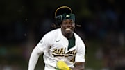 Jun 6, 2025; West Sacramento, California, USA; Athletics right fielder Lawrence Butler (4) heads for home on an RBI single by Brent Rooker against the Baltimore Orioles during the fifth inning at Sutter Health Park. Mandatory Credit: D. Ross Cameron-Imagn Images