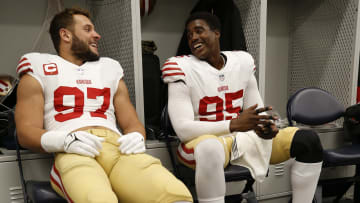 San Francisco 49ers defensive linemen Nick Bosa (L) and Drake Jackson (R)