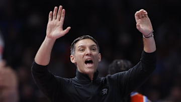 Nov 26, 2025; Oklahoma City, Oklahoma, USA; Oklahoma City Thunder head coach Mark Daigneault yells to his team during a play against the Minnesota Timberwolves during the second half at Paycom Center. Mandatory Credit: Alonzo Adams-Imagn Images