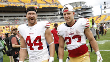 San Francisco 49ers fullback Kyle Juszczyk (44) and running back Christian McCaffrey (23)
