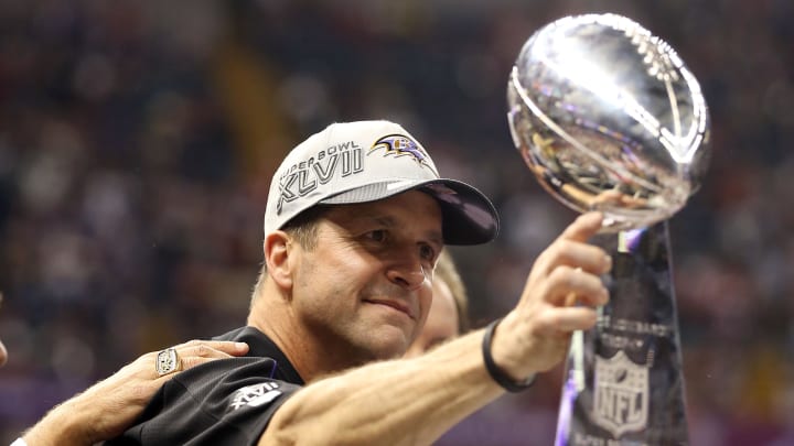 Feb 3, 2013; New Orleans, LA, USA; Baltimore Ravens head coach John Harbaugh holds out the Vince Lombardi Trophy after defeating the San Francisco 49ers in Super Bowl XLVII at the Mercedes-Benz Superdome. Mandatory Credit: Mark J. Rebilas-USA TODAY Sports