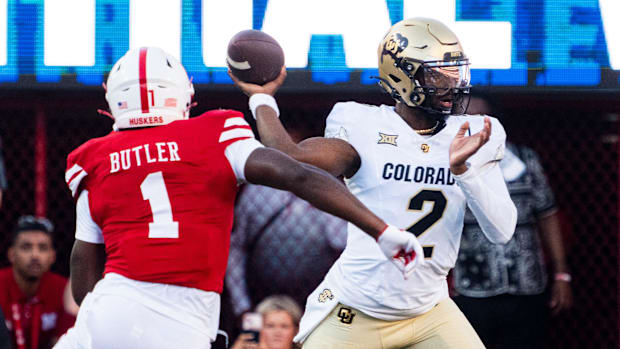 Colorado Buffaloes quarterback Shedeur Sanders (2) passes against Nebraska Cornhuskers defensive lineman