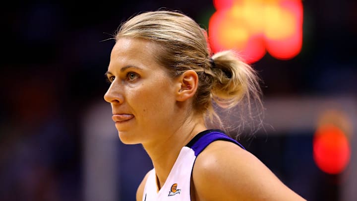 Sep 7, 2014; Phoenix, AZ, USA; Phoenix Mercury guard Anete Jekabsone-Zogota (10) against the Chicago Sky during game one of the WNBA Finals at US Airways Center. The Mercury defeated the Sky 83-62. Mandatory Credit: Mark J. Rebilas-Imagn Images

