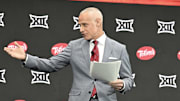 Jul 9, 2024; Las Vegas, NV, USA; Big 12 Conference commissioner Brett Yormark speaks to the media during the Big 12 Media Days at Allegiant Stadium. Mandatory Credit: Candice Ward-Imagn Images