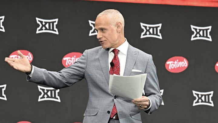 Jul 9, 2024; Las Vegas, NV, USA; Big 12 Conference commissioner Brett Yormark speaks to the media during the Big 12 Media Days at Allegiant Stadium. Mandatory Credit: Candice Ward-Imagn Images