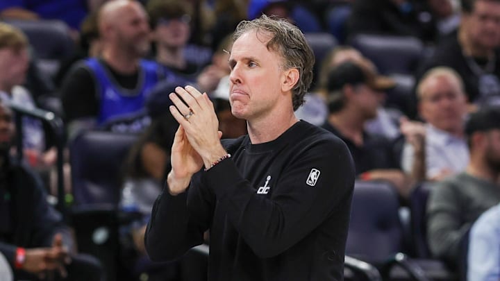 Mar 12, 2026; Orlando, Florida, USA; Washington Wizards head coach Brian Keefe reacts during the second half against the Orlando Magic at Kia Center. Mandatory Credit: Mike Watters-Imagn Images