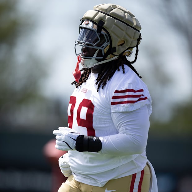 San Francisco 49ers defensive tackle CJ West (99) works on blocking drills during the first day of training camp at SAP Perfo