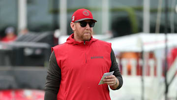 Jul 25, 2024; Tampa, FL, USA;  Tampa Bay Buccaneers offensive coordinator Liam Coen during training camp at AdventHealth Training Center. 