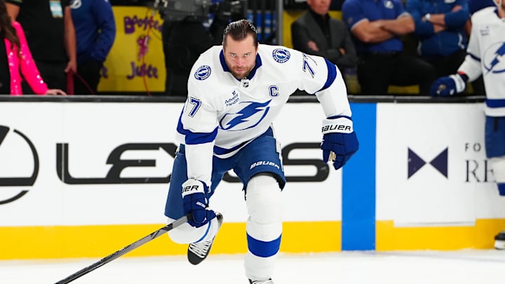 Nov 6, 2025; Las Vegas, Nevada, USA; Tampa Bay Lightning defenseman Victor Hedman (77) warms up before a game against the Vegas Golden Knighs at T-Mobile Arena. Mandatory Credit: Stephen R. Sylvanie-Imagn Images