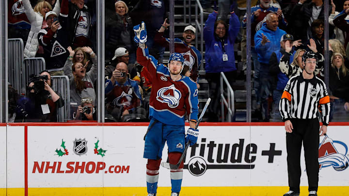 Nov 27, 2024; Denver, Colorado, USA; Colorado Avalanche right wing Valeri Nichushkin (13) celebrates after his game winning goal against the Vegas Golden Knights at Ball Arena. Mandatory Credit: Isaiah J. Downing-Imagn Images