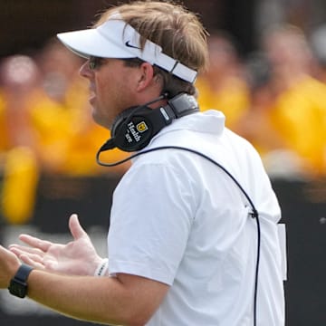 Sep 14, 2024; Columbia, Missouri, USA; Missouri Tigers head coach Eli Drinkwitz reacts to a call against the Boston College Eagles during the second half at Faurot Field at Memorial Stadium. Mandatory Credit: Denny Medley-Imagn Images