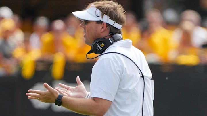 Sep 14, 2024; Columbia, Missouri, USA; Missouri Tigers head coach Eli Drinkwitz reacts to a call against the Boston College Eagles during the second half at Faurot Field at Memorial Stadium. Mandatory Credit: Denny Medley-Imagn Images