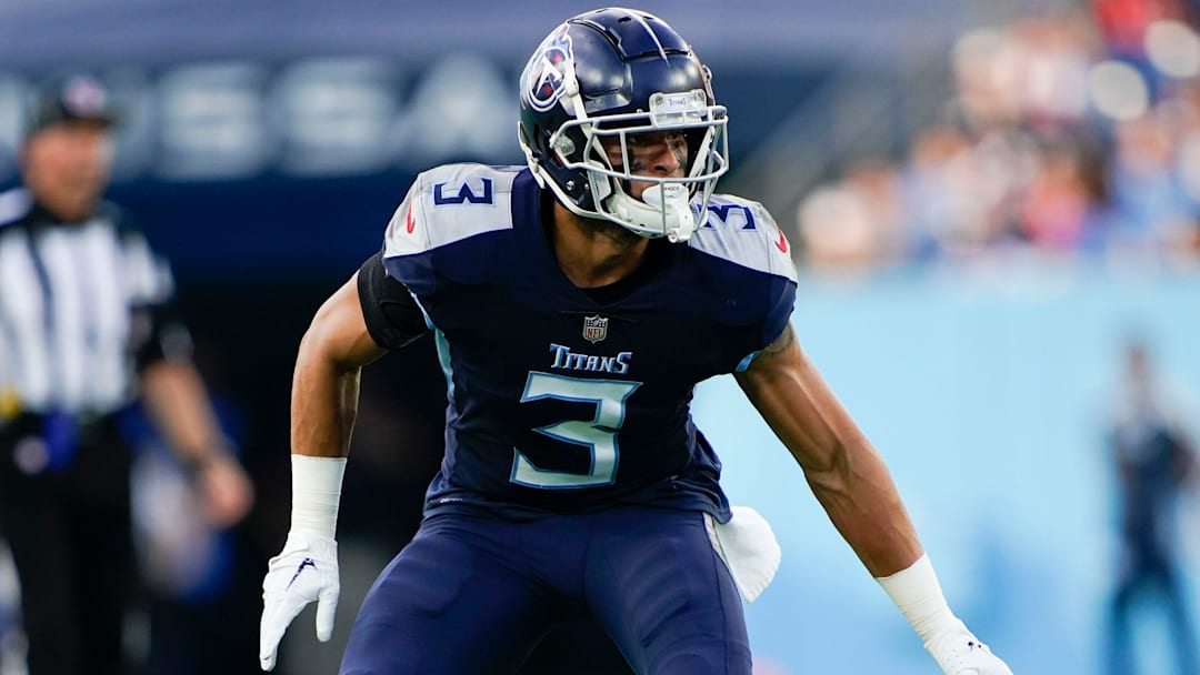 Tennessee Titans cornerback Caleb Farley (3) drops back in coverage during the first quarter of a preseason game at Nissan Stadium Saturday, Aug. 20, 2022, in Nashville, Tenn.