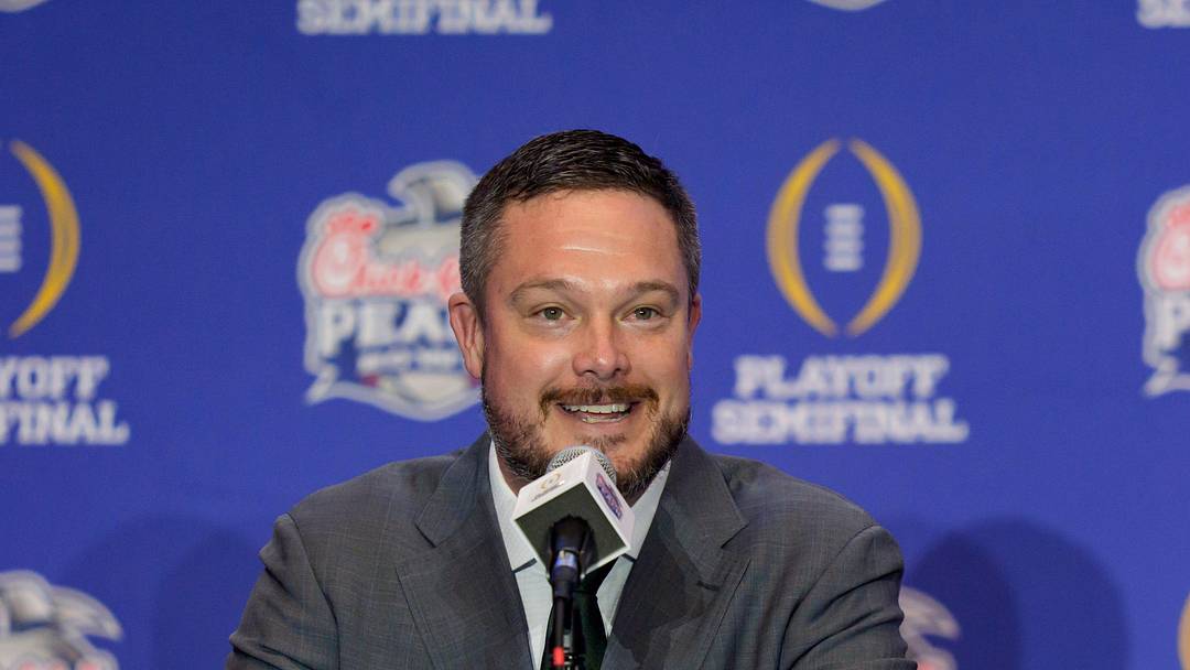 Oregon head coach Dan Lanning speaks during the head coaches’ press conference ahead of the Peach Bowl at the College Football Hall of Fame in Atlanta, Georgia, on Jan. 8, 2026.
