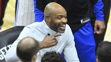 Nov 1, 2024; Cleveland, Ohio, USA; Orlando Magic head coach Jamahl Mosley talks during a timeout in the third quarter against the Cleveland Cavaliers at Rocket Mortgage FieldHouse. Mandatory Credit: David Richard-Imagn Images