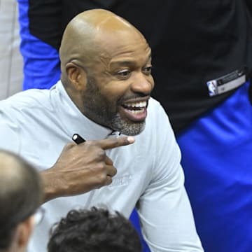 Nov 1, 2024; Cleveland, Ohio, USA; Orlando Magic head coach Jamahl Mosley talks during a timeout in the third quarter against the Cleveland Cavaliers at Rocket Mortgage FieldHouse. Mandatory Credit: David Richard-Imagn Images