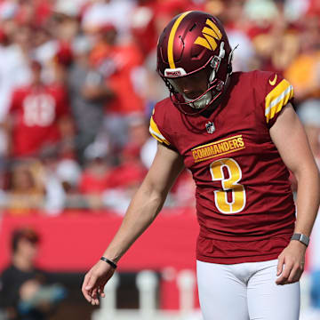 Sep 8, 2024; Tampa, Florida, USA;  Washington Commanders place kicker Cade York (3) looks down after he misses a field goal against the Tampa Bay Buccaneers during the first half at Raymond James Stadium. Mandatory Credit: Kim Klement Neitzel-Imagn Images