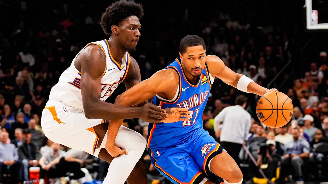 Feb 11, 2026; Phoenix, Arizona, USA; Oklahoma City Thunder guard Aaron Wiggins (21) dribbles during the second half of the game at Mortgage Matchup Center. Mandatory Credit: Arianna Grainey-Imagn Images Feb 11, 2026; Phoenix, Arizona, USA; Oklahoma City Thunder guard Aaron Wiggins (21) dribbles during the second half of the game at Mortgage Matchup Center. Mandatory Credit: Arianna Grainey-Imagn Images