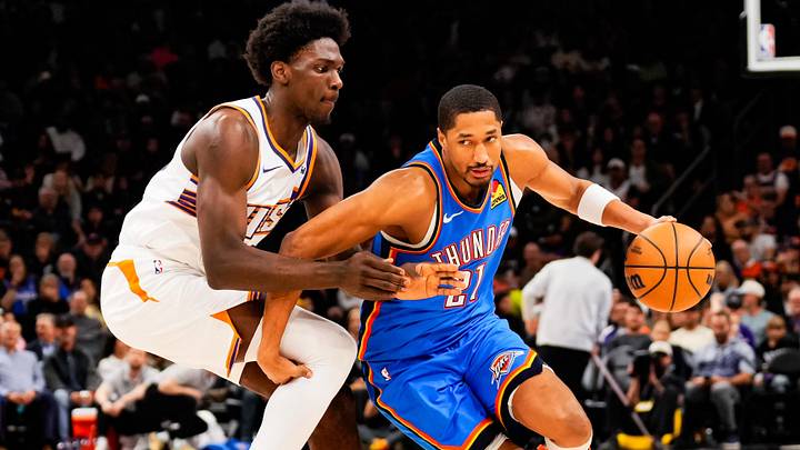 Feb 11, 2026; Phoenix, Arizona, USA; Oklahoma City Thunder guard Aaron Wiggins (21) dribbles during the second half of the game at Mortgage Matchup Center. Mandatory Credit: Arianna Grainey-Imagn Images