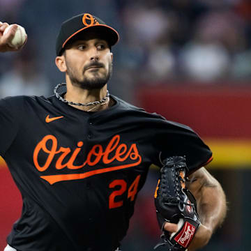 Apr 7, 2025; Phoenix, Arizona, USA; Baltimore Orioles pitcher Zach Eflin in the first inning against the Arizona Diamondbacks at Chase Field. 