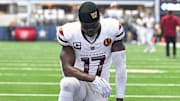 Nov 23, 2023; Arlington, Texas, USA; Washington Commanders wide receiver Terry McLaurin (17) before the game between the Dallas Cowboys and the Washington Commanders at AT&T Stadium. Mandatory Credit: Jerome Miron-Imagn Images