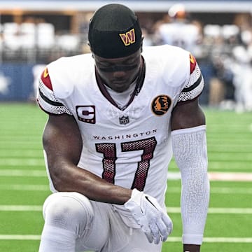 Nov 23, 2023; Arlington, Texas, USA; Washington Commanders wide receiver Terry McLaurin (17) before the game between the Dallas Cowboys and the Washington Commanders at AT&T Stadium. Mandatory Credit: Jerome Miron-Imagn Images