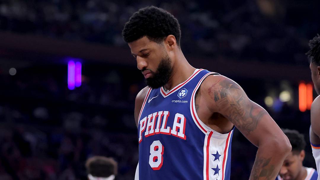 May 4, 2026; New York, New York, USA; Philadelphia 76ers forward Paul George (8) reacts during the first quarter of game one of the eastern conference semifinal round of the 2026 NBA Playoffs against the New York Knicks at Madison Square Garden. Mandatory Credit: Brad Penner-Imagn Images