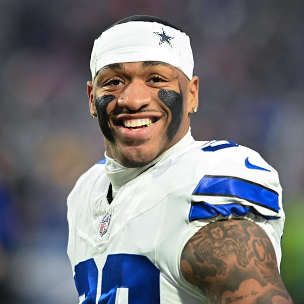 Dallas Cowboys safety Juanyeh Thomas warms up before a game against the Buffalo Bills at Highmark Stadium. Dallas Cowboys safety Juanyeh Thomas warms up before a game against the Buffalo Bills at Highmark Stadium.