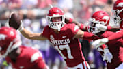 Sep 2, 2023; Little Rock, Arkansas, USA; Arkansas Razorbacks defensive back Hudson Clark (17) celebrates after an interception in the first quarter against the Western Carolina Catamounts at War Memorial Stadium. Mandatory Credit: Nelson Chenault-Imagn Images
