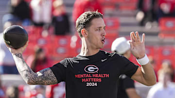 Nov 23, 2024; Athens, Georgia, USA; Georgia Bulldogs quarterback Carson Beck (15) shown on the field prior to the game against the Massachusetts Minutemen at Sanford Stadium. Mandatory Credit: Dale Zanine-Imagn Images