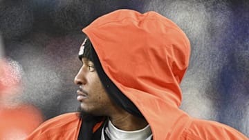 Jan 4, 2025; Baltimore, Maryland, USA;  Cleveland Browns quarterback Jameis Winston (5) looks towards the field from the sidelines during the second half against the Baltimore Ravens at M&T Bank Stadium. Mandatory Credit: Tommy Gilligan-Imagn Images