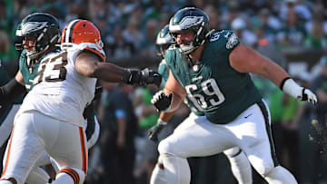 Oct 13, 2024; Philadelphia, Pennsylvania, USA; Philadelphia Eagles guard Landon Dickerson (69) blocks against the Cleveland Browns at Lincoln Financial Field. Mandatory Credit: Eric Hartline-Imagn Images