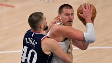Apr 26, 2025; Inglewood, California, USA;  Los Angeles Clippers center Ivica Zubac (40) defends Denver Nuggets center Nikola Jokic (15) in the second half of game four of round one of the 2024 NBA Playoffs at Intuit Dome. Mandatory Credit: Jayne Kamin-Oncea-Imagn Images