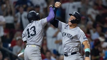 Jul 30, 2024; Philadelphia, Pennsylvania, USA; New York Yankees third base Jazz Chisholm Jr. (13) celebrates with outfielder Aaron Judge (99) after hitting a three RBI home run during the seventh inning against the Philadelphia Phillies at Citizens Bank Park. Mandatory Credit: Bill Streicher-USA TODAY Sports